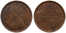 DHAR: Anand Rao III, 1860-1898, AE ½ pice, 1887, KM-12, bust of Victoria Empress, late die state strike, AU.

 Estimate: USD 100 - 150