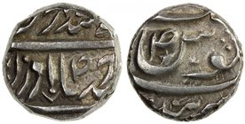 JIND: Gajpat Singh, 1764-1789, AR ahmadi rupee (10.93g), Sahrind, ND, KM-1, Temple-15, star within the S of jalus and flower-like symbol below the S, ...