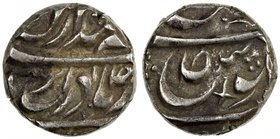 NABHA: Hamir Singh, 1755-1783, AR ahmadi rupee (11.10g) (Sahrind), ND, Cr-20.1. SS-251, Durrani couplet of Ahmad Shah // 4 pellet symbol to left, cros...