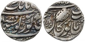 SIKH EMPIRE: AR nanakshahi rupee (11.00g), Amritsar, VS1855, KM-20.1, Herrli-01.07. SS-20.01, with ornate 5-petal flower within the "L" of akal on the...