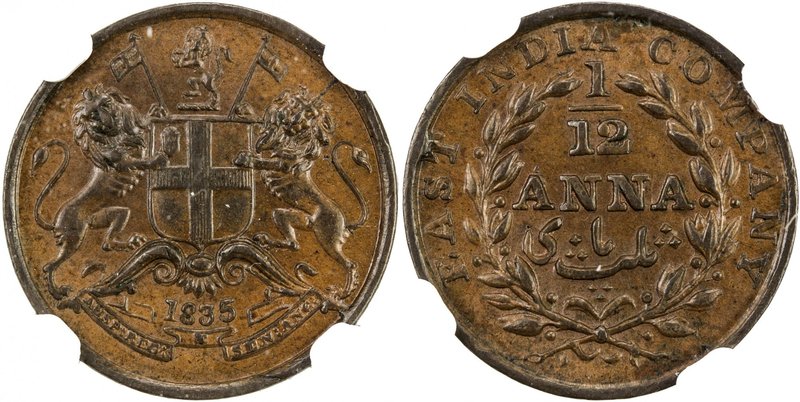 BRITISH INDIA: William IV, 1830-1837, AE 1/12 anna, 1835(m), KM-445, East India ...