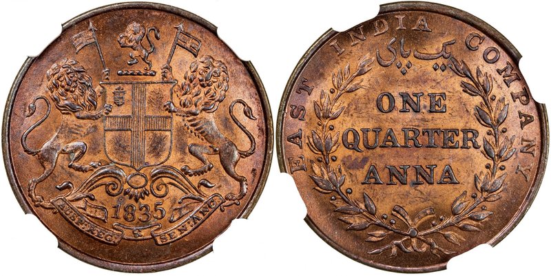 BRITISH INDIA: William IV, 1830-1837, AE ¼ anna, 1835 (c), KM-446.2, S&W 1.89, A...