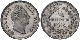 BRITISH INDIA: William IV, 1830-1837, AR ¼ rupee, 1835, KM-448.2, East India Company issue, RS incuse on truncation, proof like fields, lightly cleane...