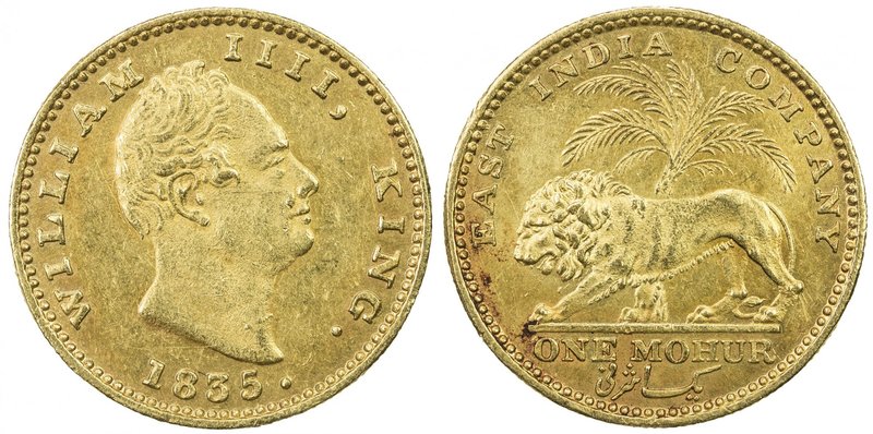 BRITISH INDIA: William IV, 1830-1837, AV mohur, 1835(c), KM-451.1, S&W-1.15a, do...