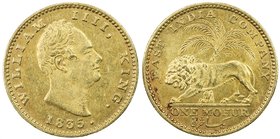 BRITISH INDIA: William IV, 1830-1837, AV mohur, 1835(c), KM-451.1, S&W-1.15a, dot after date (for Calcutta), without initials on king's truncation, AU...