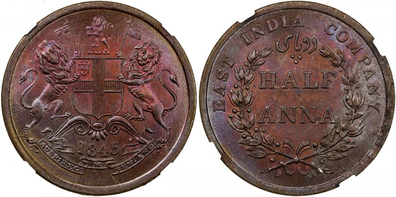 BRITISH INDIA: Victoria, Queen, 1837-1876, AE half anna, 1845, KM-447.1, S&W-2.5...