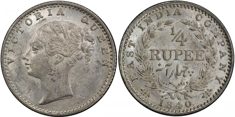 BRITISH INDIA: Victoria, Queen, 1837-1876, AR ¼ rupee, 1840(c), KM-453, S&W-2.43...