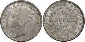 BRITISH INDIA: Victoria, Queen, 1837-1876, AR ¼ rupee, 1840(c), KM-453, S&W-2.43, a pleasing example of the continuous legend type, PCGS graded MS63....