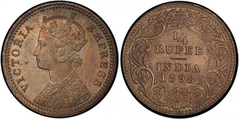 BRITISH INDIA: Victoria, Empress, 1876-1901, AR ¼ rupee, 1898-C, KM-490, S&W-6.3...