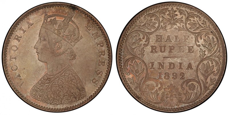 BRITISH INDIA: Victoria, Empress, 1876-1901, AR ½ rupee, 1892-B, KM-491, S&W-6.2...