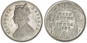 BRITISH INDIA: Victoria, Empress, 1876-1901, AR ½ rupee, 1896-C, KM-491, AU.

 Estimate: USD 100 - 150