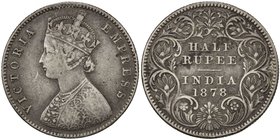 BRITISH INDIA: Victoria, Empress, 1876-1901, AR ½ rupee, 1878(c), KM-491, type A/I, VF.

 Estimate: USD 150 - 250
