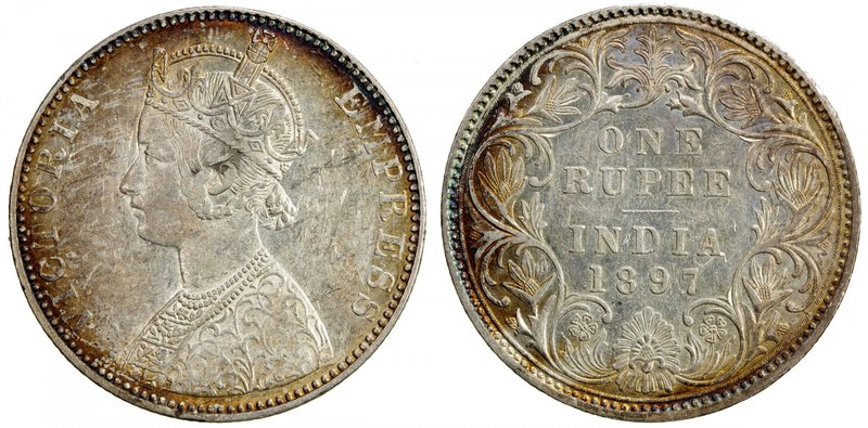 BRITISH INDIA: Victoria, Empress, 1876-1901, AR rupee, 1897-B, KM-492, rare date...