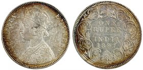 BRITISH INDIA: Victoria, Empress, 1876-1901, AR rupee, 1897-B, KM-492, rare date, lovely golden toning near the rims, choice EF, R, ex Robert P. Pudde...