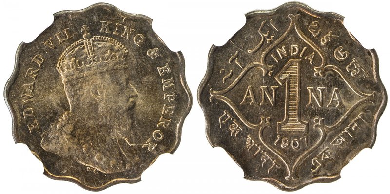 BRITISH INDIA: Edward VII, 1901-1910, 1 anna, 1907-B, KM-504, lovely toning, NGC...