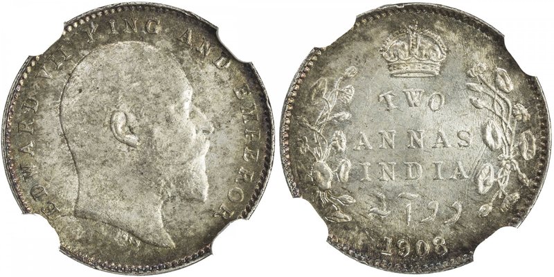 BRITISH INDIA: Edward VII, 1901-1910, AR 2 annas, 1908(c), KM-505, a lovely exam...