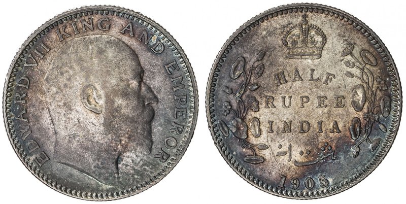 BRITISH INDIA: Edward VII, 1901-1910, AR ½ rupee, 1905(c), KM-507, nicely toned,...