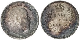 BRITISH INDIA: Edward VII, 1901-1910, AR ½ rupee, 1905(c), KM-507, nicely toned, AU.

 Estimate: USD 125 - 175