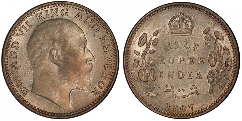 BRITISH INDIA: Edward VII, 1901-1910, AR ½ rupee, 1907(c), KM-507, S&W-7.62, muc...