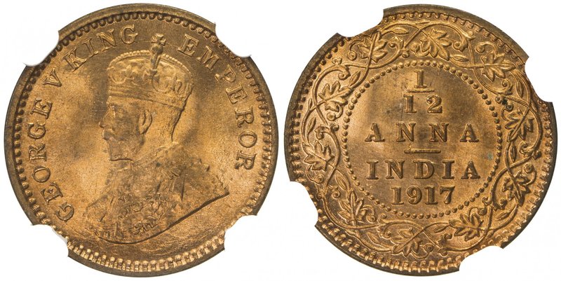 BRITISH INDIA: George V, 1910-1936, AE 1/12 anna, 1917(c), KM-509, a superb exam...