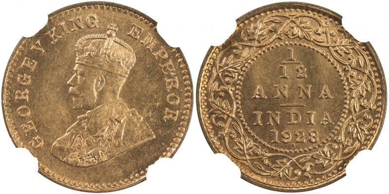 BRITISH INDIA: George V, 1910-1936, AE 1/12 anna, 1928(b), KM-509, a superb exam...