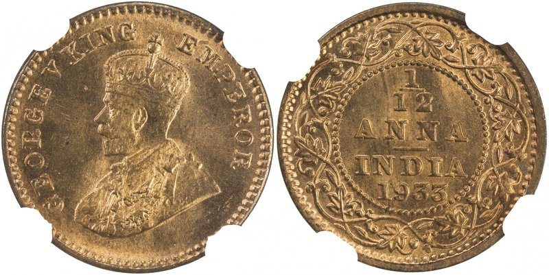 BRITISH INDIA: George V, 1910-1936, AE 1/12 anna, 1933(c), KM-509, a superb exam...
