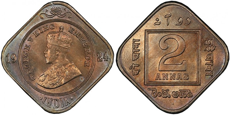BRITISH INDIA: George V, 1910-1936, 2 annas, 1924(b), KM-516, S&W-8.238, a lovel...