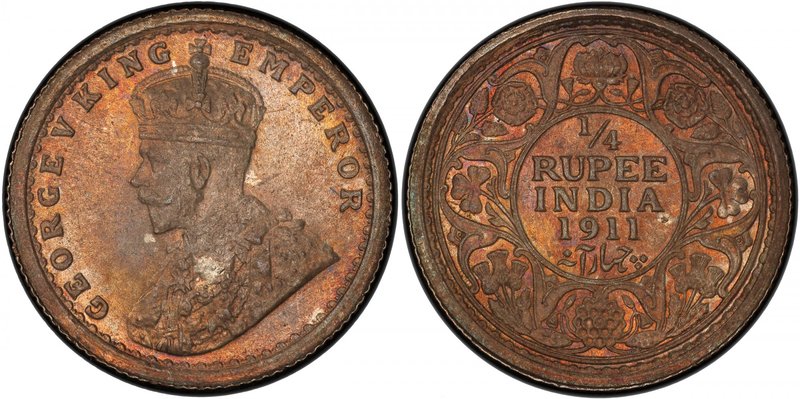 BRITISH INDIA: George V, 1910-1936, AR ¼ rupee, 1911(c), KM-517, S&W-8.136, so-c...