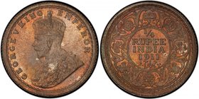 BRITISH INDIA: George V, 1910-1936, AR ¼ rupee, 1911(c), KM-517, S&W-8.136, so-called "pig" style elephant, one year type, PCGS graded MS64, ex Robert...
