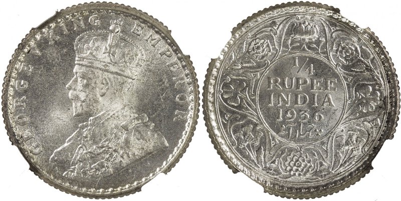 BRITISH INDIA: George V, 1910-1936, AR ¼ rupee, 1936(c), KM-518, S&W 8.173, full...