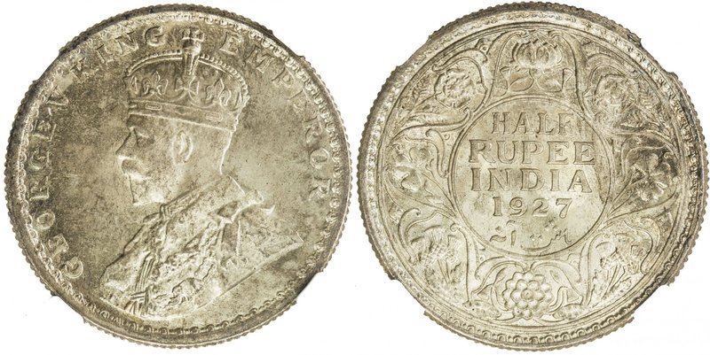 BRITISH INDIA: George V, 1910-1936, AR ½ rupee, 1927(c), KM-522, a superb exampl...