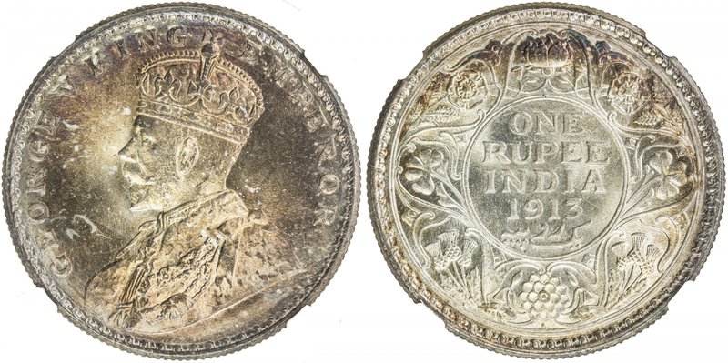 BRITISH INDIA: George V, 1910-1936, AR rupee, 1913(b), KM-524, lovely golden ton...