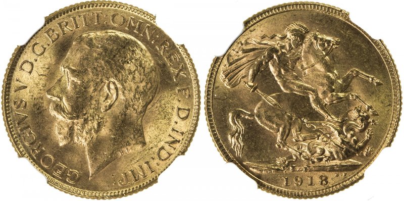 BRITISH INDIA: George V, 1910-1936, AV sovereign, 1918-I, KM-A525, Pridmore 27, ...