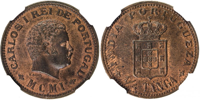 PORTUGUESE INDIA: Carlos I, 1889-1908, AE ¼ tanga, 1901, KM-15, much original re...