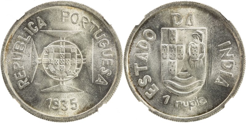 PORTUGUESE INDIA: AR rupia, 1935, KM-22, one year type, a lovely example! NGC gr...