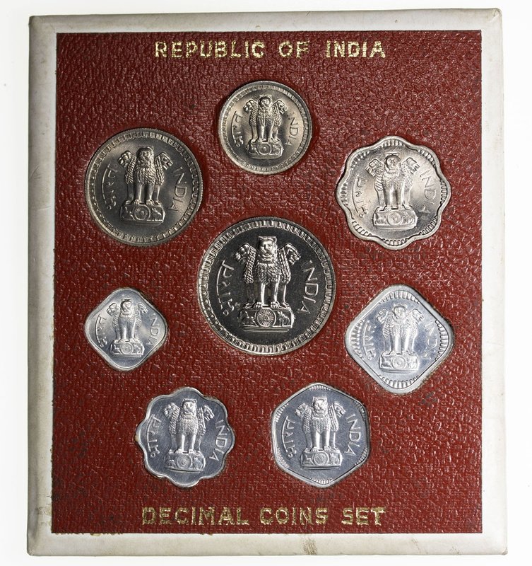 INDIA: Republic, 8-coin proof set, 1967(b), RB-14, official set includes 1, 2, 3...