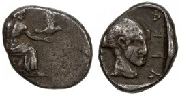 ARCADIAN LEAGUE: Tegea, circa 460-450 BC, AR hemidrachm (2.82g), Peloponnese, BMC 42, pl. XXXII, 6 (these dies), Zeus Lykaios enthroned to right, seen...