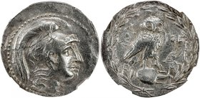 ATHENS: AR tetradrachm (16.89g), ND (ca. 140-39 BC?), cf. Sear 2554, new style, helmeted Athena right within border of dots // owl facing, standing on...