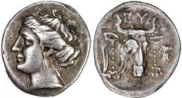 EUBOEA: AR drachm (3.63g), ND (357-267 AD), S-2467, Wallace 123, SNG Copenhagen 483, bust of nymph Euboia left in normal relief // head of cow ¾ right...
