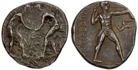 PAMPHYLIA: Aspendos: Anonymous, 380-325 BC, AR stater (10.74g), two wrestlers grappling // slinger in throwing stance right, triskeles control mark in...