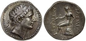 SELEUKID KINGDOM: Antiochos II Theos, 261-246 BC, AR tetradrachm (16.87g), diademed head right // Apollo seated left on omphalos, examining arrow & re...