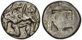 THRACIAN CITIES: Anonymous, circa 510-490 BC, AR stater (7.19g), Thasos, naked ithyphallic Satyr in kneeling running attitude carrying off nymph raisi...