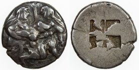 THRACIAN CITIES: Anonymous, circa 510-490 BC, AR drachm (3.87g), Thasos, naked ithyphallic Satyr in kneeling running attitude carrying off nymph raisi...