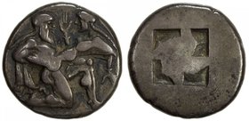 THRACIAN CITIES: Anonymous, circa 510-490 BC, AR stater (8.31g), Thasos, naked ithyphallic Satyr in kneeling running attitude carrying off nymph raisi...