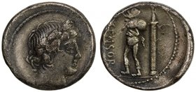 ROMAN REPUBLIC: L. Censorinus, 82 BC, AR denarius (2.31g), Rome mint, Crawford-363/1d; RSC-Marcia 24, laureate head of Apollo right // Marsyas standin...
