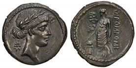 ROMAN REPUBLIC: Q. Pomponius Musa, 66 BC, AR denarius (3.79g), RSC-Pomponia 22, laureate head of Apollo right, star behind // Urania standing left, ho...