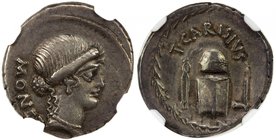 ROMAN REPUBLIC: T. Carisius, 46 BC, AR denarius (4.00g), Carisia-1b, Syd-982b, MONETA, Head of Juno Moneta right, two locks of hair falling down her n...