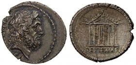 ROMAN REPUBLIC: Petillius Capitolinus, 43 BC, AR denarius (3.81g), Rome mint, CAPITOLINVS behind bare head of bearded Jupiter to right // PETILLIVS be...