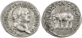 ROMAN EMPIRE: Titus, 79-81 AD, AR denarius (3.34g) (Rome), S-2512, RIC-22a, diademed bust of the Emperor // TR P IX IMP XV COS VIII PP, elephant walki...