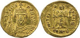 BYZANTINE EMPIRE: Phocas, 602-610, AV solidus (4.38g), Constantinople, S-618, facing bust, crown without pendilla // angel standing, facing, holding l...